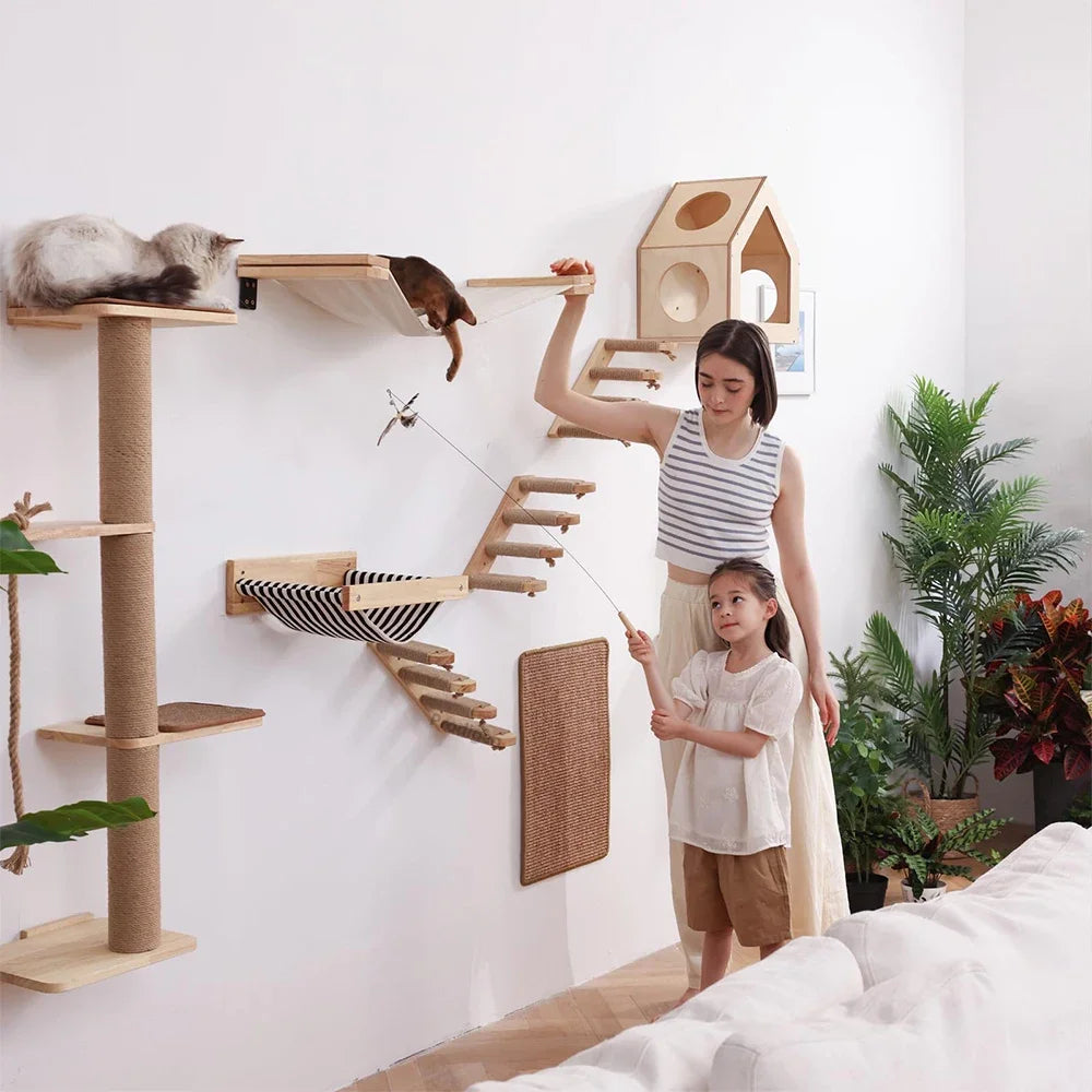 Cat Wall Climbing Shelf and Ladder with Scratching Post and Hiding House - Pet Furniture Tree Tower Accessories