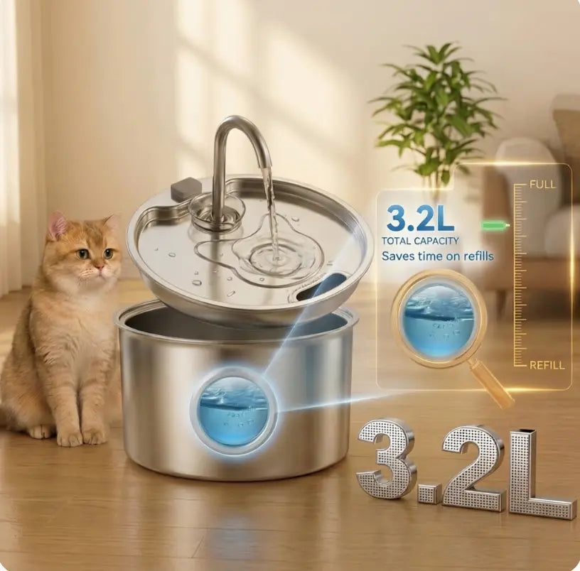 3.2L Stainless Steel Pet Water Fountain - Whisper-Quiet 25dB Automatic Cat Water Dispenser with 4-Stage Filtration and Water Level Indicator for Indoor Use