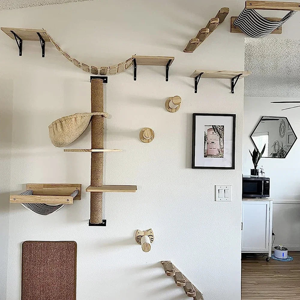 Cat Wall Climbing Shelf and Ladder with Scratching Post and Hiding House - Pet Furniture Tree Tower Accessories