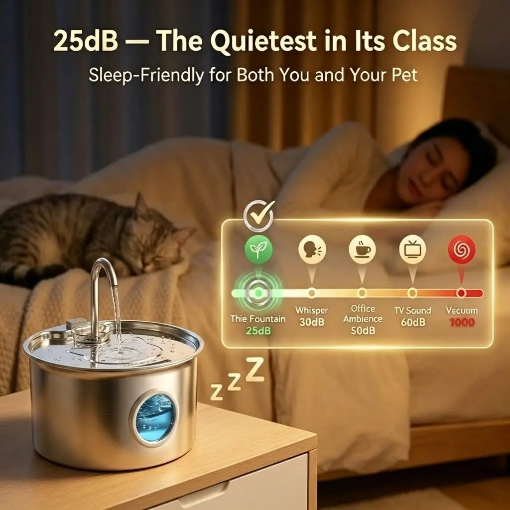 3.2L Stainless Steel Pet Water Fountain - Whisper-Quiet 25dB Automatic Cat Water Dispenser with 4-Stage Filtration and Water Level Indicator for Indoor Use