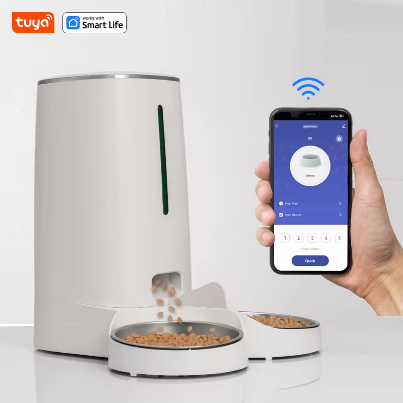 Automatic WiFi Cat Feeder for Two Cats, 4L Food Dispenser with App Control, Dual Stainless Steel Bowls, and Low Food Alerts