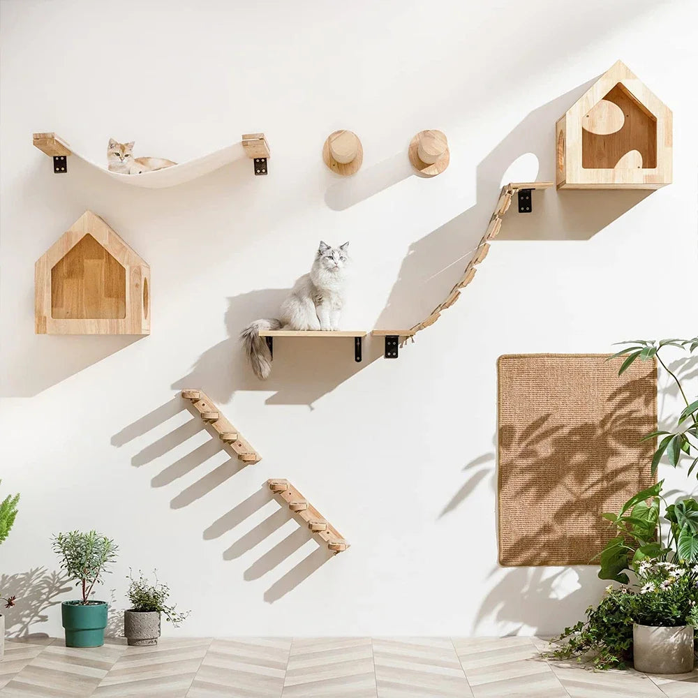 Cat Wall Climbing Shelf and Ladder with Scratching Post and Hiding House - Pet Furniture Tree Tower Accessories