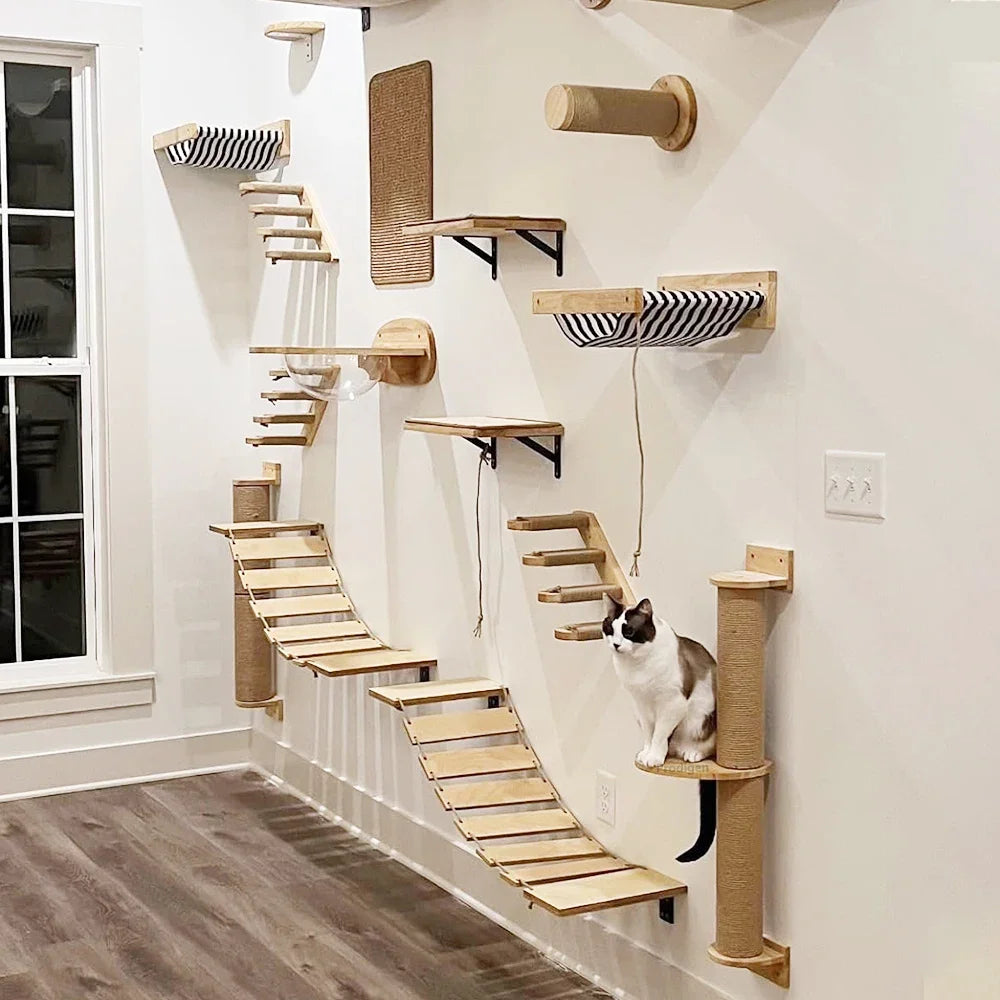 Cat Wall Climbing Shelf and Ladder with Scratching Post and Hiding House - Pet Furniture Tree Tower Accessories
