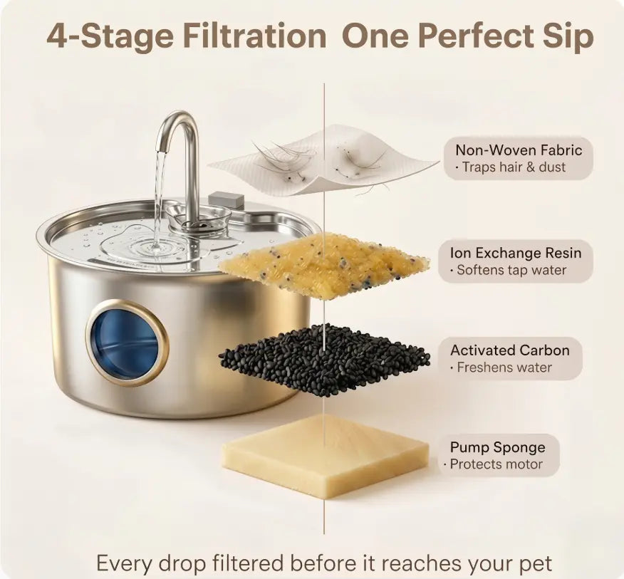 3.2L Stainless Steel Pet Water Fountain - Whisper-Quiet 25dB Automatic Cat Water Dispenser with 4-Stage Filtration and Water Level Indicator for Indoor Use