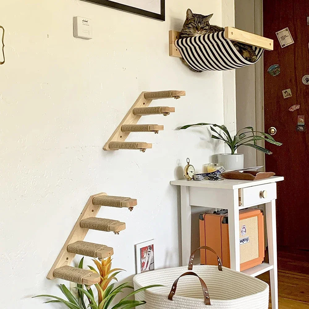Cat Wall Climbing Shelf and Ladder with Scratching Post and Hiding House - Pet Furniture Tree Tower Accessories